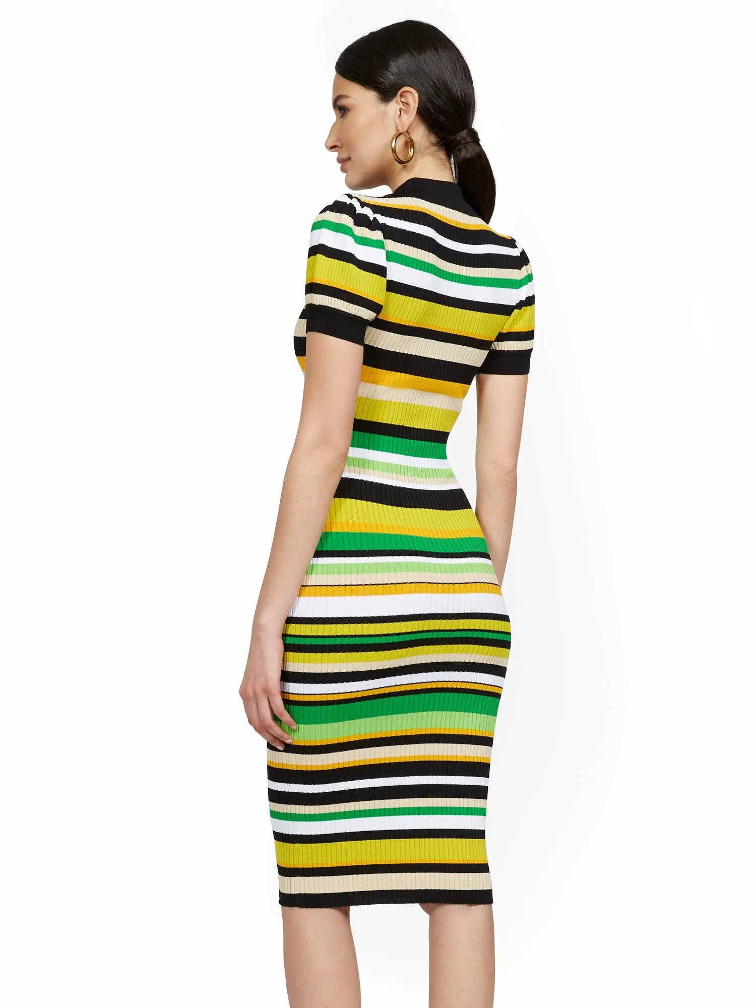 Stripe Puff-Sleeve Polo Midi Sweater Dress