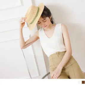 V-NECK SLEEVELESS CROP KNIT VEST TOPS