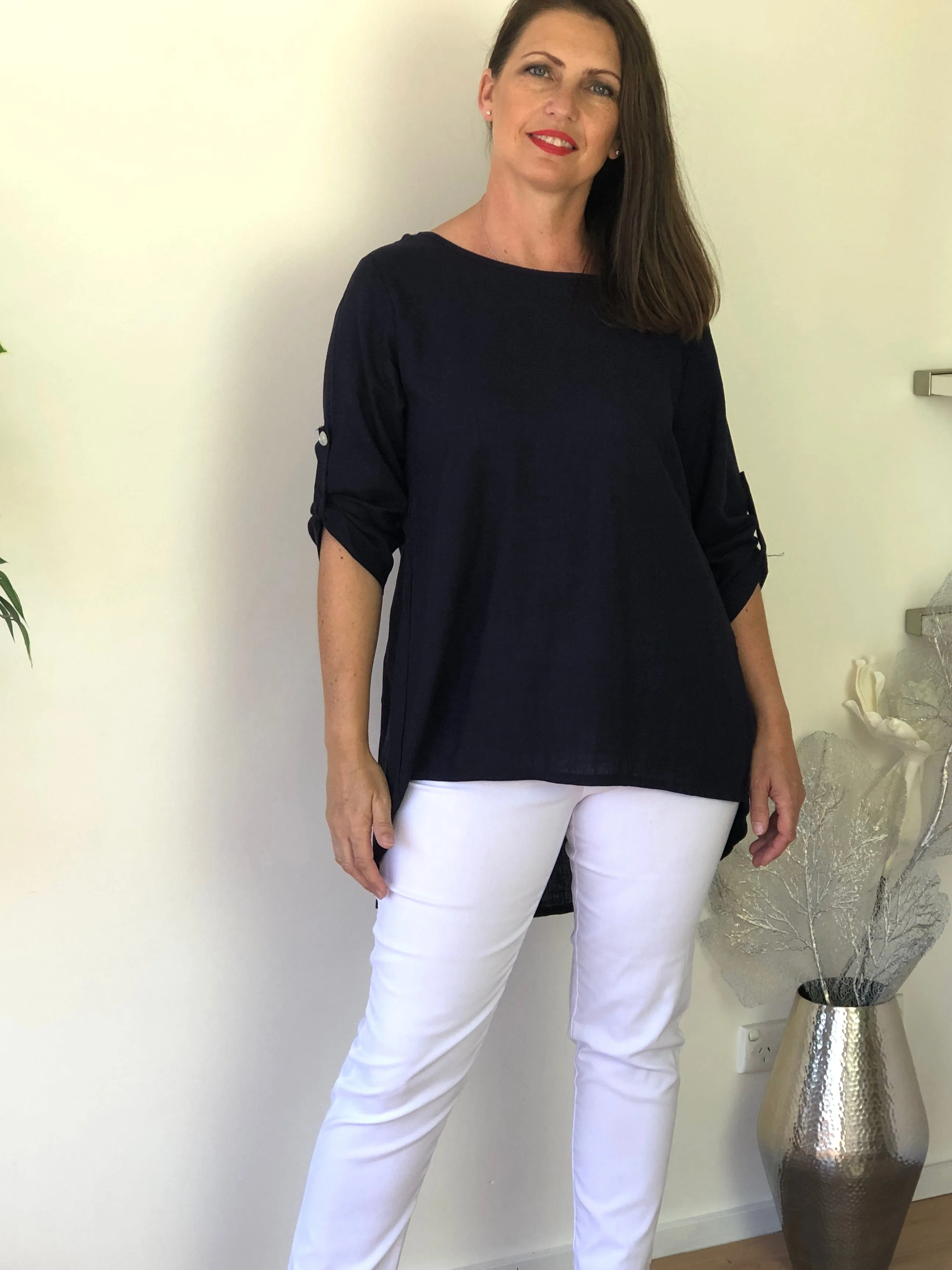 Waltina Navy Linen Top