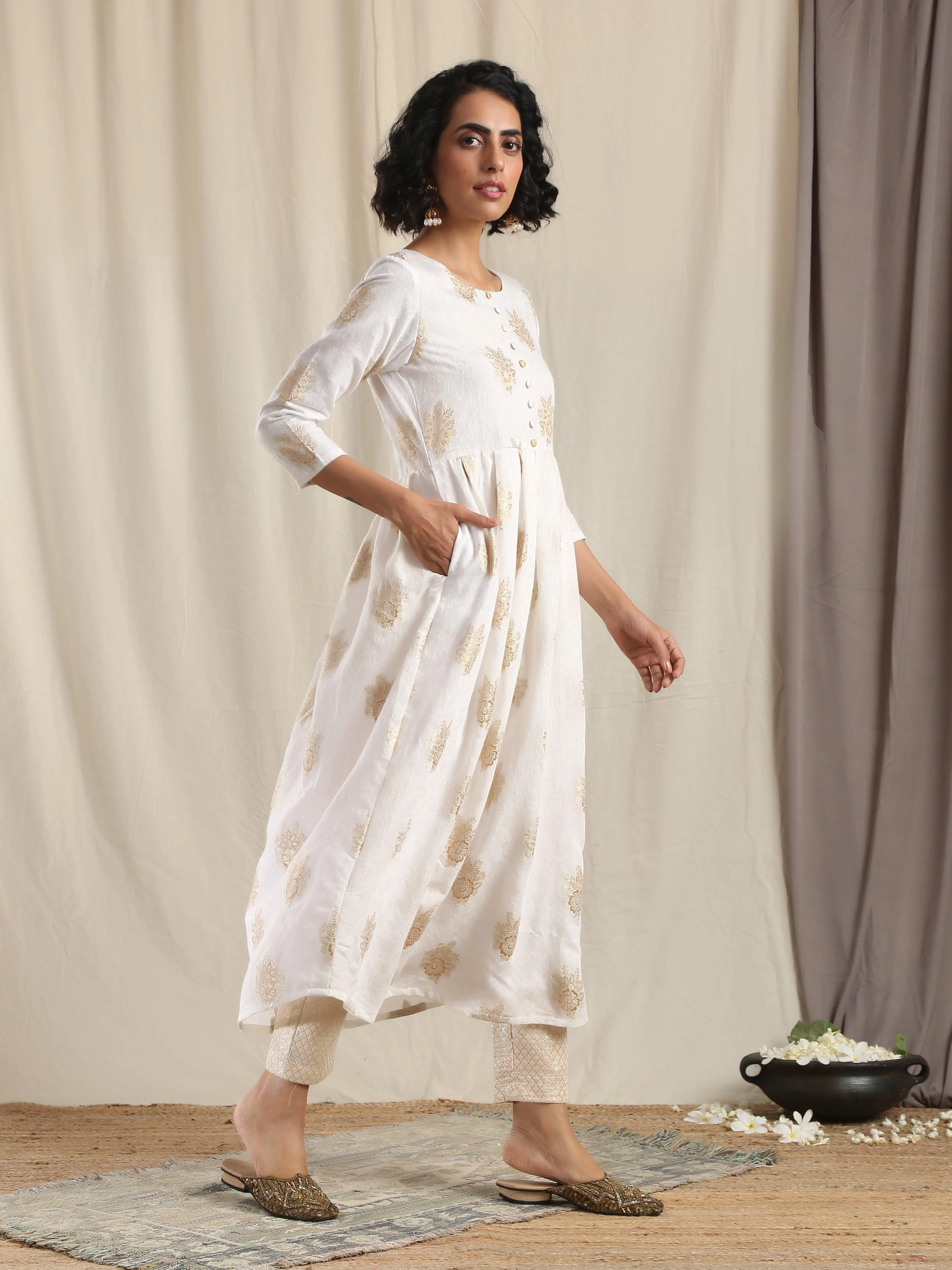 White Gold Modal Silk Pleated Kurta Pant Set