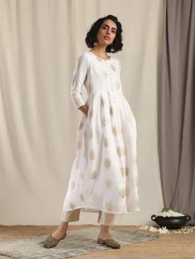 White Gold Modal Silk Pleated Kurta Pant Set