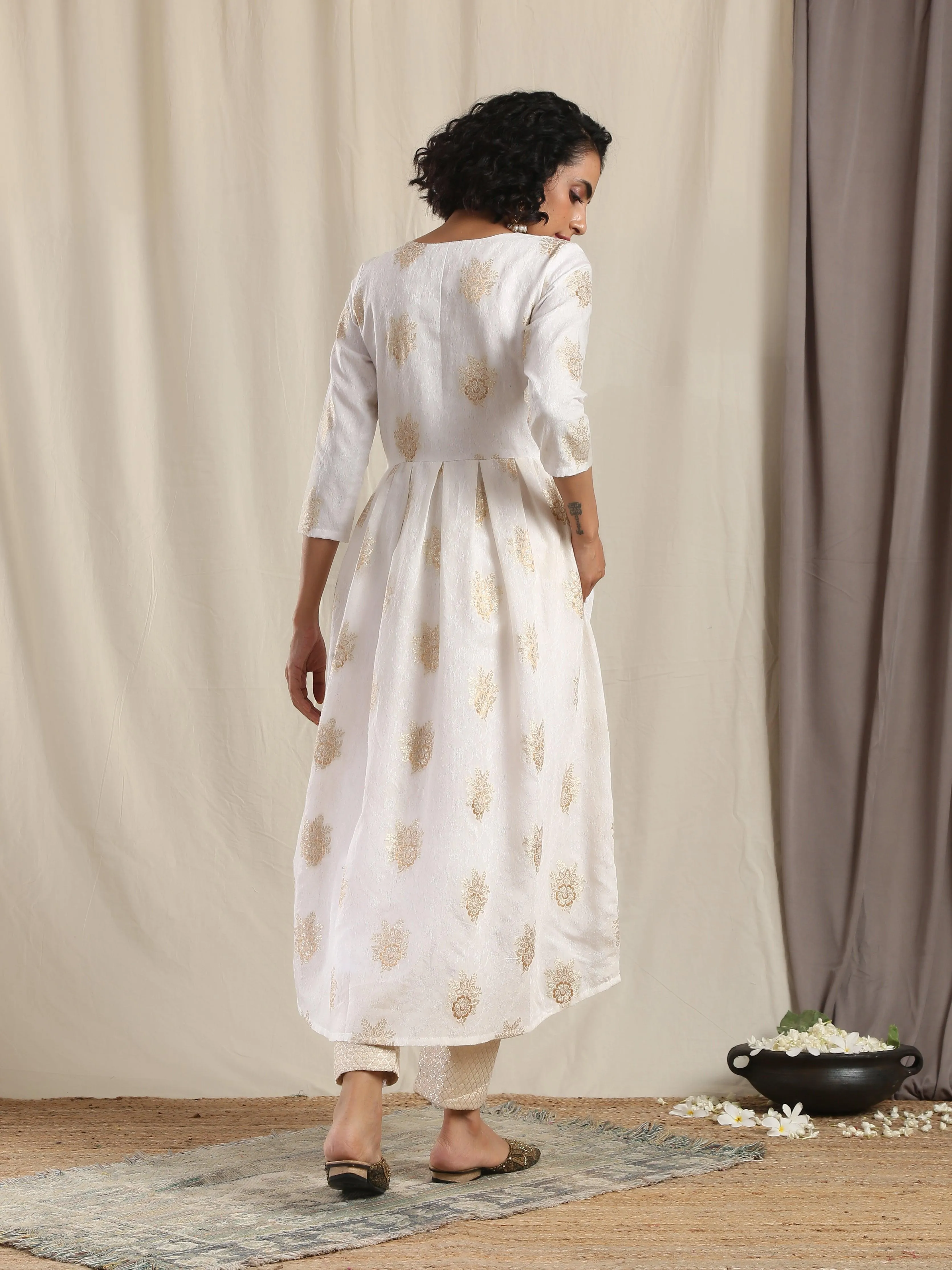 White Gold Modal Silk Pleated Kurta Pant Set
