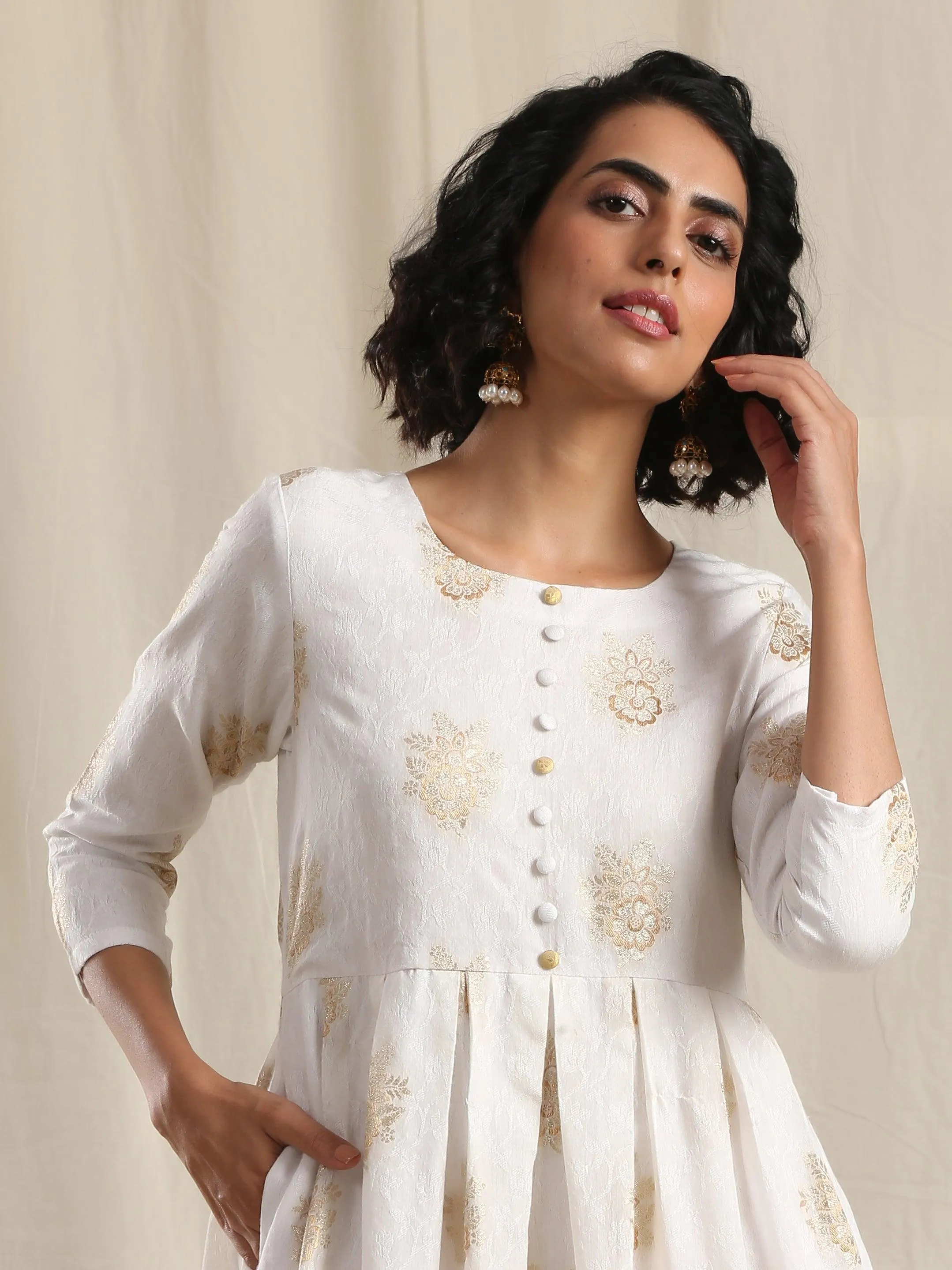 White Gold Modal Silk Pleated Kurta Pant Set