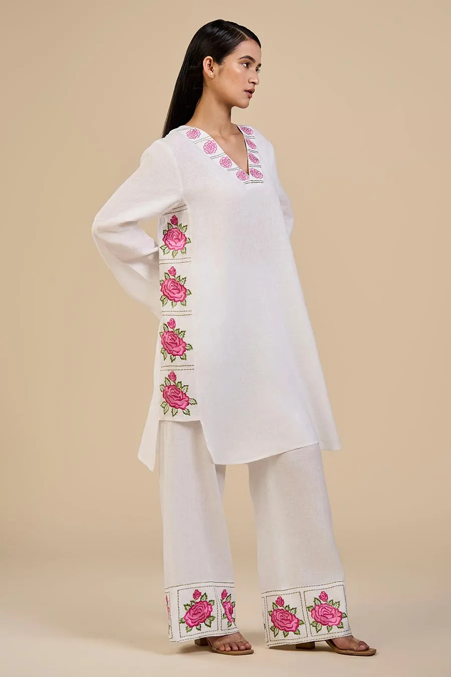 White Primrose Pink Embroidered Kurta & Pant Set
